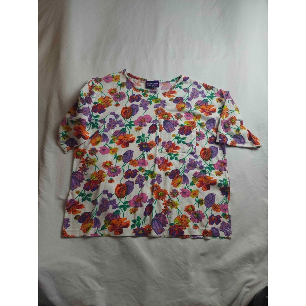 Beverly Hills Blues Floral Shirt Womens Small White Jersey Cottagecore Vintage